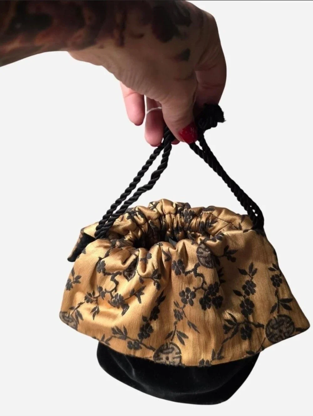 Vintage 80s/90s Fancies by Anne Gold and Black Drawstring Velvet Clutch